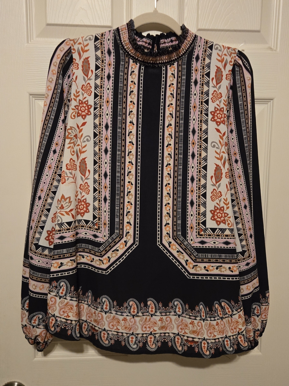 Vici Navy, Cream and Rust Printed Long-Sleeve Mock Neck Blouse - Picture 2 of 4